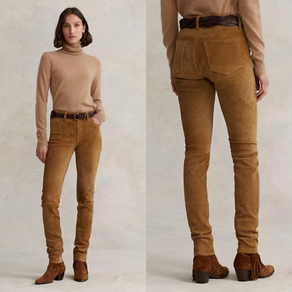 Polo Ralph Lauren Suede Cow Leather Tan Pants Skinny Stretch Trouser Size 8